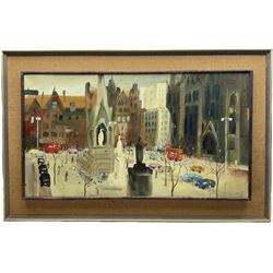 Albin Trowski (Polish 1919-2012): Albert Square - Manchester, oil on canvas signed and dated '72, 50cm x 90cm 