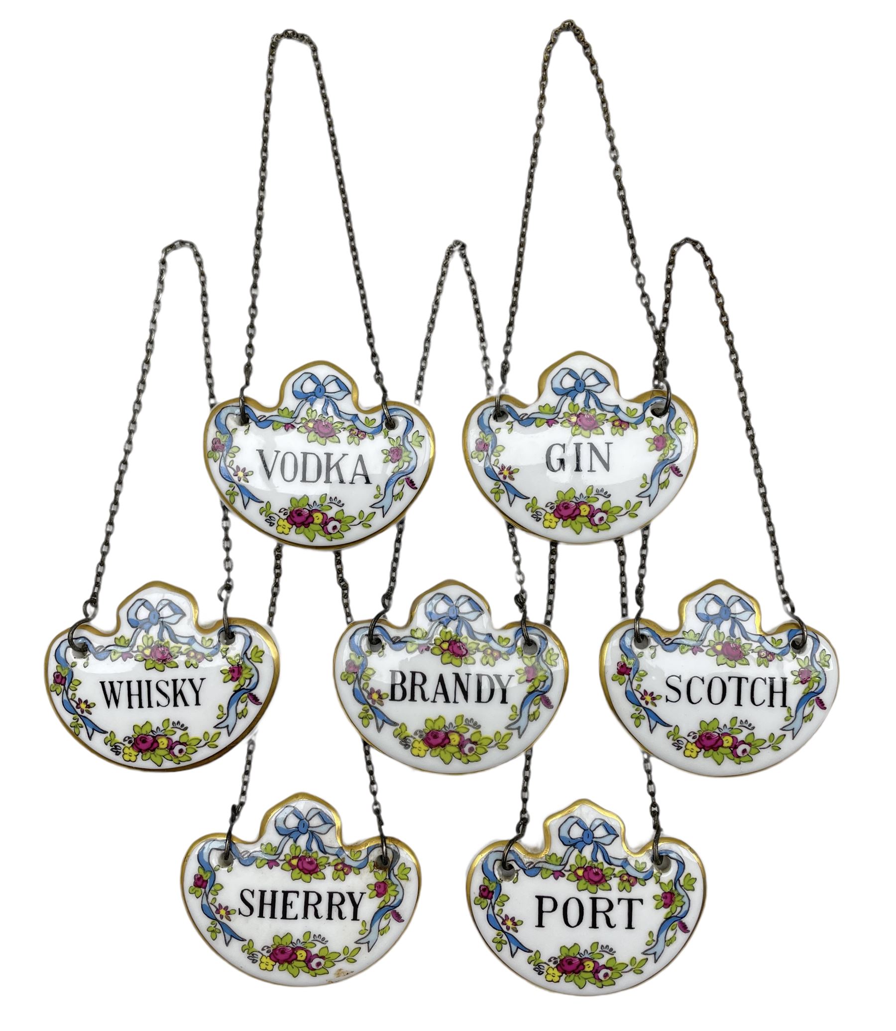 Set of seven Coalport porcelain decanter labels: Brandy, Port, Whisky ...