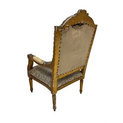Pair Louis XVI design gilt framed armchairs, the cresting rail moulded with roses, scrolled arm terminals decorated with acanthus leaves, with floral knes, raised on fluted tapering supports, upholstered in tapestry fabric depicting a marriage scene with a garland border, overstuffed back and sprung seat