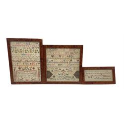 Two George IV sampler worked with the alphabet by Mary and Elizabeth Gregg, both dated 1826 and one other framed sampler, max 24.5cm x 24cm (3)