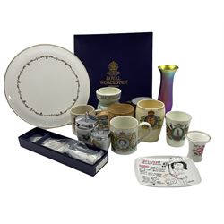 Collection of commemorative mugs including George VI coronation beaker together with other porcelain including Royal Worcester Chantily cake stand and knife etc in one box 