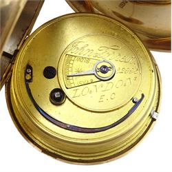 Early 20th century 9ct gold full hunter  English lever fusee pocket watch by John Forrest 'Chronometer Maker to the Admiralty', London, No. 62996, white enamel dial with Roman numerals and subsidiary seconds dial, case makers mark FT, Chester 1914