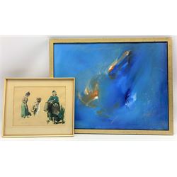 English School (20th century): Blue Abstract, acrylic on board, signed indistinctly together with watercolour study of washerwomen, signed indistinctly, max 50cm x 55cm (2)