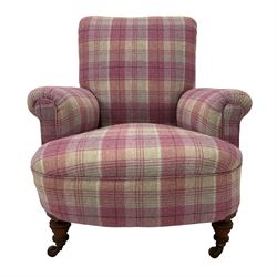 Late 19th century armchair, upholstered in pink Abraham Moon check fabric