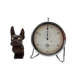 Vintage PYE desk stop clock in chrome case, H18cm together with an Art Deco period carved novelty dog (2)