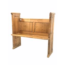 Early 20th century pine pew with panelled back and sides W121cm, H115cm, D50cm