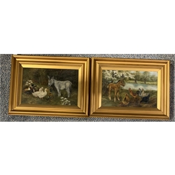 E.S.W. - Pair of oil paintings of rural scenes with donkey, poultry etc signed with initials and dated 1923 19cm x 29cm