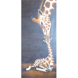  Mother and Daughter Giraffes, contemporary oil on canvas unsigned 150cm x 70cm  