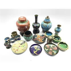 Early 20th century and later Chinese Cloisonne including a baluster form vase and cover, ginger jar, ashtray, circular dishes, napkin rings, a small hexagonal box etc 