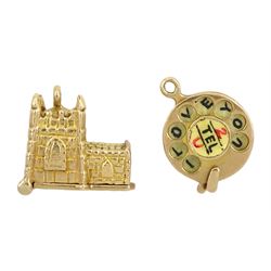 Two 9ct gold charms including articulated '2 Tel U I Love You' telephone and church wedding