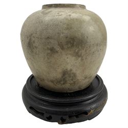 Chinese Provincial ginger jar on ebonised stand, H13cm, together with a circular brass charger 
