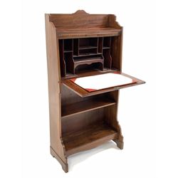 Edwardian mahogany bureau, raised back over fall front with ebonised, boxwood stringing and satinwood band inlay, revealing interior fitted with correspondence shelves, two open shelves under, raised on shaped panel end supports W61cm, H122cm, D31cm
