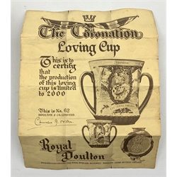 Royal Doulton loving cup commemorating the Coronation of Edward VIII, ltd. ed. 62/2000, with certificate together with a  Royal Doulton  jug commemorating the coronation of Queen Elizabeth II at Westminster Abbey, June 2nd 1953