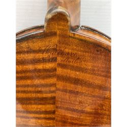 Mid-19th century violin by John Wouldhave (British 1805-1877): two-piece maple back, ribs and spruce top, LOB 37.5cm, overall 60cm, signed label to the interior 'John Wouldhave Maker North Shields 1855' and signed on the back 'Wouldhave North Shields', in carrying case with two bows