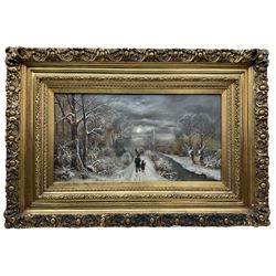 Charles Duval (French 19th century): Figures on a Winter Path and Figures by a River, pair oils on canvas signed and dated 1896, housed in matching heavy gilt frames 29cm x 56cm (2)