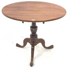 Georgian mahogany tripod table, circular tilt top on turned vase shaped column with three out splayed supports, D90cm, H73cm