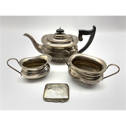 Silver three piece tea set with egg and dart border, the tea pot with ebonised handle and lift Sheffield 1931 Maker Viners and an engraved silver cigarette case 42.5oz gross