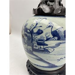 18th century Chinese Provincial blue and white ginger jar with pierced cover carved with acanthus leaves, on pierced stand, featuring pastoral scene H35cm