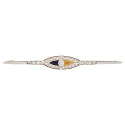 Art Deco 18ct gold and platinum diamond  and agate bar brooch, an old cut diamond flanked by brown and black onyx, within a milgrain set rose cut diamond frame, tapering to a bar, total diamond weight approx 0.25 carat