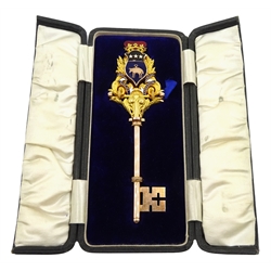 Yorks Cinema Trade Exchange 9ct gold and enamel presentation key, with Leeds City enamel crest, presented to Sir William Jury, Feb 27th 1919 (the crest is detachable reviling a secret compartment) by William James Dingley, Birmingham 1916