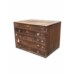 Early 20th century stained pine plan chest, fitted with five drawers (W116cm, H86cm, D84cm)