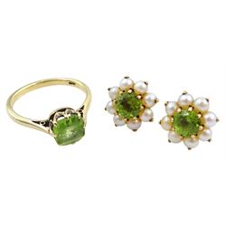 Pair of gold peridot and split pearl stud earrings and a gold single stone peridot ring, both 9ct hallmarked or stamped