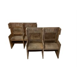 Pair of two seater oak priory pews with hinged seats W125cm, H117cm, D45cm 