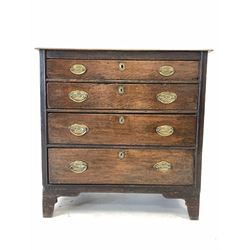 19th century and later oak chest, three long graduated drawers, the sides with pine panels, raised on bracket supports W94cm, H96cm, d56cm