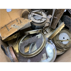 Collection of clock parts to include glass, gongs, dials movements etc, in two boxes and a part telescope inscribed 'Hewitson, Newcastle Upon Tyne' and some telescope parts,