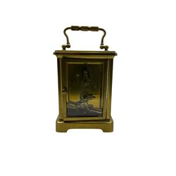 Dickinson - French 19th century 8-day timepiece carriage clock, with an enamel dial, Roman numerals, minute markers and spade hands,  dial inscribed Dickinson-Paris, with a cylinder platform escapement and oval viewing window. With Key.