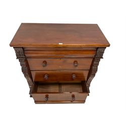 Victorian mahogany Scotch chest, rectangular top over secret frieze drawer and three deep drawers, flanked by carved and swept uprights with foliate decoration, raised on octagonal tapering feet 