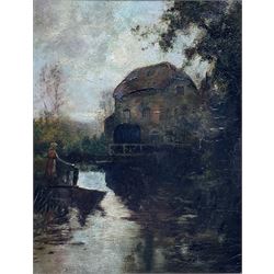 English School (19th century): Dutch Girl by the Mill, oil on canvas unsigned 45cm x 35cm