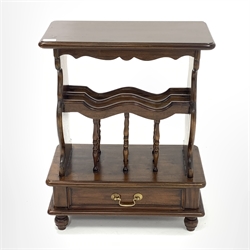 Mahogany Canterbury magazine table, with one division raised on turned spindles, frieze drawer to base, turned supports, W54cm