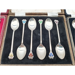 Set of six silver coffee spoons with coloured enamel finials Birmingham 1947 Maker Joseph Gloster Ltd, set of six silver Apostle tea spoons with spiral stems Birmingham 1906 and six silver bead knop coffee spoons
