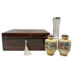 Victorian rosewood sewing box inlaid with mother of pearl, glass vase with silver collar together with pair of continental style vases with silver rims (5)