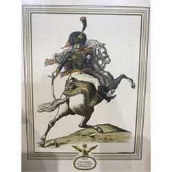 Daniel Derveaux (19th/20th Century): Early 19th century French Military Cavalry of the Imperial Guard together with after Edward Seago (British 1910-1974): 'The Landmark', colour print max 50cm x 60cm (3)