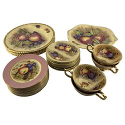 Aynsley Bone China fruit decorated part tea and dinnerware, comprising five dinner plates with gilt gadroon rims, sandwich plate, four teacups, eight saucers and eleven tea plates