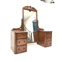 Victorian mahogany pedestal dressing table, the swing mirror with broken arch pediment, raised on two pedestal chests, each fitted with three drawers and a candle slide, W167cm, H174cm, D56cm