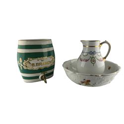 Doulton Burslem floral wash bowl, Cauldon ewer and a Staffordshire pottery Brandy barrel (3)