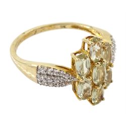 9ct gold pale green stone and diamond cluster ring, hallmarked 