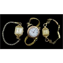 Tudor gold ladies manual wind wristwatch, Accurist gold wristwatch and one other gold wristwatch, all 9ct and all on gilt straps