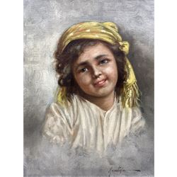 Filippo Marantonio (Italian 1863-1937) Portrait of a Traveller Girl with Yellow Head Scarf, oil on board signed 4cm x 19cm