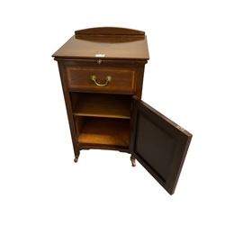 Edwardian inlaid mahogany bedside cabinet, rounded back over square top fitted with brushing slide above single drawer and cupboard, raised on square supports with brass and ceramic castors (44cm x 48cm x 79cm); set three Edwardian inlaid mahogany chairs with banded ladder and stick back, cane seat over square tapering supports joined by stretchers (40cm x 39cm x 90cm)