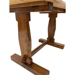 Elm dining table, the four plank rectangular top, raised on panel end supports untied by a stretcher  (W68cm, L130cm, H78cm)