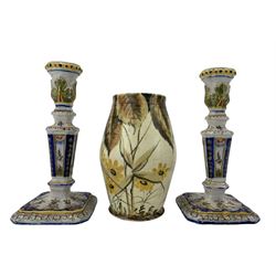 Pair of 19th century French Faience candlesticks, acanthus moulded sconces and tapered stems, on square bases, H23cm together with a Radford pottery vase