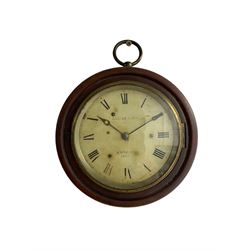 A late 19th century wall clock with a French timepiece movement mounted within a circular 7”  mahogany bezel, going barrel movement with a cylinder platform escapement, 5” painted dial inscribed Carter & Son, London. 1887, Roman numerals and elongated steel moon hands, with a flat glass and brass bezel.  Movement wound and set from the rear.

