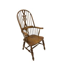 Beech Windsor armchair, stick and hoop back with shaped and pierced splat, dished seat on turned supports joined by double H stretcher