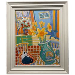 John Dyer (British 1968-): 'Snoozing On The Kitchen Chair', acrylic on canvas signed, titled verso 50cm x 40cm