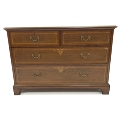 Early 20th century mahogany chest fitted with two short and two long drawers, with satinwood banding and boxwood floral inlay, raised on bracket supports, W122cm, H83cm, D55cm
