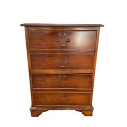 Reproduction yew wood hanging filling cabinet, tooled leather inset top over two drawers, raised on bracket supports 